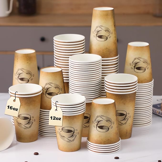 180 Pack 16 oz Disposable Paper Coffee Cups, Hot/Cold Drinking Cups, coffee, Juice, Retro Design, Leak-Proof, Party, Picnic, Events, Travel, Offices, Shops