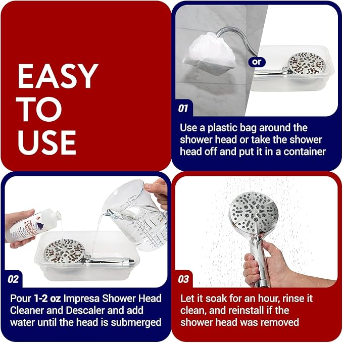 IMPRESA Shower Head Cleaner Solution for Hard Water - 8 fl oz Lemon Scent Liquid - Lime Deposit Remover & Descaler for Shower Heads - Restores Water Flow - Made in USA