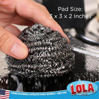 Stainless Steel Wool Scourer -Jumbo Sized- 2 Pack, 35 Grams, by LOLA, Curled Flat Wire, Cleans Caked On & Baked On Messes on Cookware