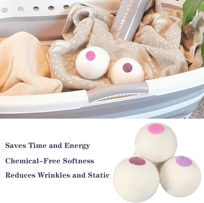 Wool Dryer Balls 6PCS Pure Organic Laundry Wool Tumble Dryer Ball Reusable Natural Fabric Softener Reduce Wrinkles and Drying Time