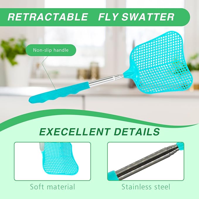 MYSTICHOME Fly Swatter 1 PCS, Durable Heavy Duty Plastic Fly Swatters, Stainless Steel Telescopic FlySwatter for Indoors/Outdoor/Kitchen/Garden (Blue)