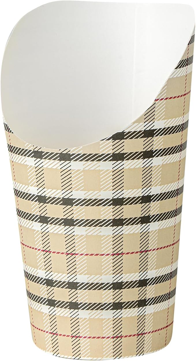Restaurantware Bio Tek 16 Ounce French Fry Containers, 100 Disposable Charcuterie Cups - Incline Design, Round, Plaid Paper French Fry Cups, Stackable, For Waffles, Chips, or Popcorn