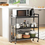 3-Tier Metal Storage Rack with Industrial Wheels,Mesh Shelving Unit with Wooden Table top,Adjustable Shelf,31.5-Inch Width, for Kitchen, Laundry,Pantry,Plant,Black panel and black frame