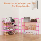LANTEFUL 3 Tier Shoe Rack for Closet, Shoe Organizer with 5 Hooks, Long Shoe Shelf Storage for Shoe and Boot Stackable Free Standing Shoe Rack for Entryway, Garage, Small Spaces, Dorm, Pink