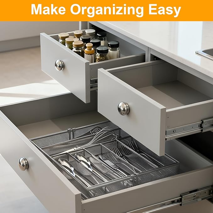 1 Pcs Utensil Drawer Silverware Organizer, Metal Mesh Expandable 13" ~24" Kitchen Drawer Organizer, 7-9 Slots Cutlery Tray Dividers for Kitchen Flatware Christmas Housewarming Gift (Sliver)
