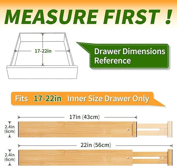Aubeco Bamboo Drawer Organizers 4 Pack, 17-22" Adjustable Spring Loaded Dividers for Kitchen Utensils, Silverware, Clothes, Dresser, Bathroom and Office Storage
