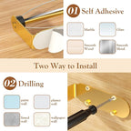 Paper Towel Holder Under Cabinet with 2 Hooks, Paper Towel Holder Wall Mount with Damping Effect, Self-Adhesive or Drilled Paper Roll Holders for Kitchen, Bathroom, RV(Gold)