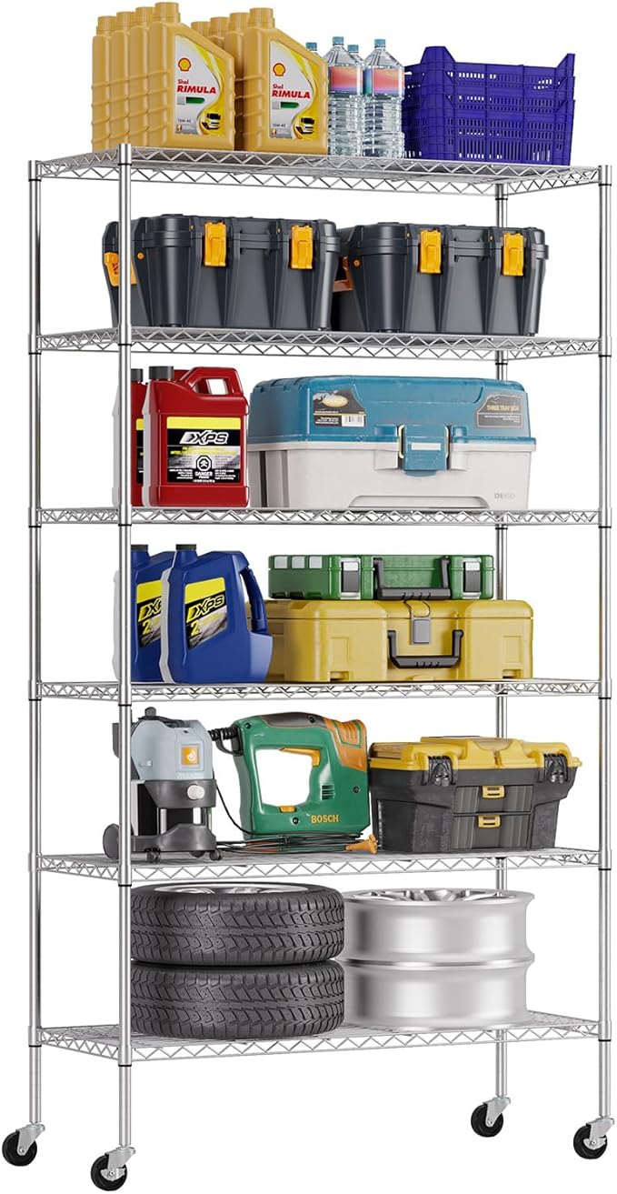 FDW 45"L×18"W×82"H Wire Shelving Unit Storage Cart Metal Shelf Rolling Utility Cart 2100Lbs Capacity with 6 Tier Casters Adjustable Layer Rack Strong Steel for Restaurant Garage Pantry Kitchen,Chrome
