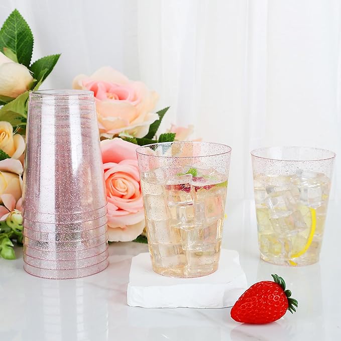 DaYammi 100 Pack 10oz Pink Plastic Cups, Premium Disposable Rose Gold Glitter Plastic Cups for Martini and Cocktail, Hard Clear Disposable Cup with Pink Glitter Perfect for Fancy Wedding Party