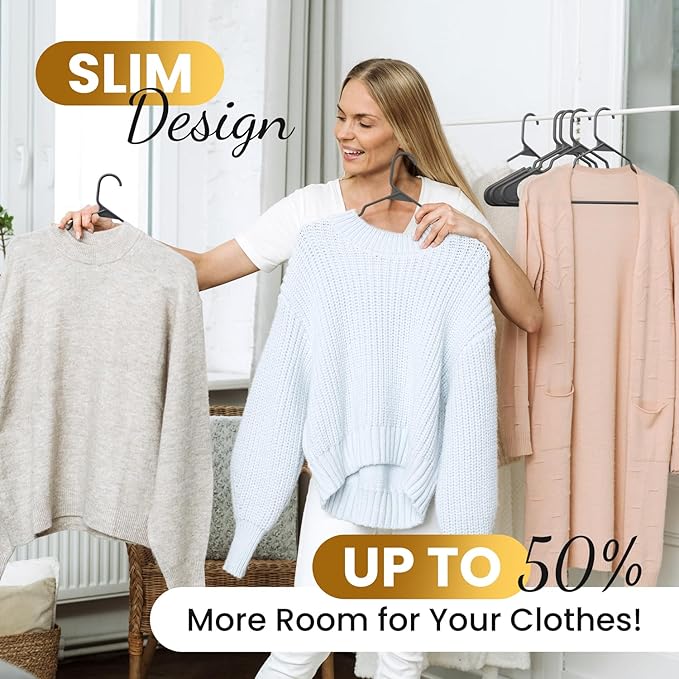 Our Modern Space 50 Pack Adult Plastic Hanger for Shirt Pants Coats Dresses Skirts Suits Jackets - Standard Thick Coat Hanger - Sturdy & Durable Design with Shoulder Grooves Hook - Grey
