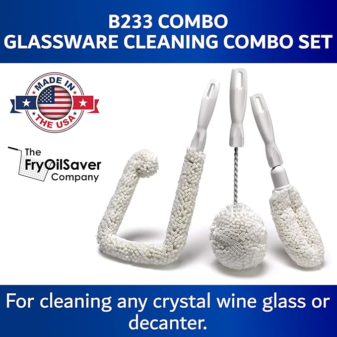 Set of 3 Glassware Cleaning Brush Kit - Non-Scratch, Foam Wine Glass Cleaning Brush Set for Glassware, Decanter, Mug, Stemware - for Home, Restaurant, Bar, Hotel - by FryOilSaver Co.