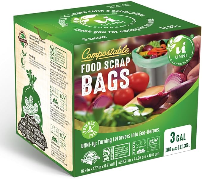 UNNI Compostable Trash Bags, 3 Gallon / 11.35 Liter, 200 Count, Extra Thick 0.71 Mil Small Kitchen Food Scrap Bin Liners, Certified by BPI, CMA & OK compost HOME, Meets the ASTM D6400 Standard
