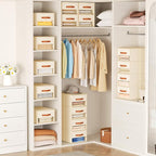 DIMJ Closet Organizers and Storage - Fabric Bins with Drawers for Closet Foldable Clothes Organizers with Clear Window, Stackable Storage Drawers Units for Bedroom, Living Room, Medium 4-Pack, Beige