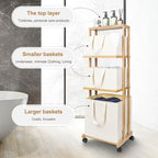 Homde Laundry Basket 3 Tier Bamboo Storage Shelf with Wheels Removable Container with Handle Freestanding Clothes Hamper Organizer for Bathroom Living Room Bedroom (Natural)