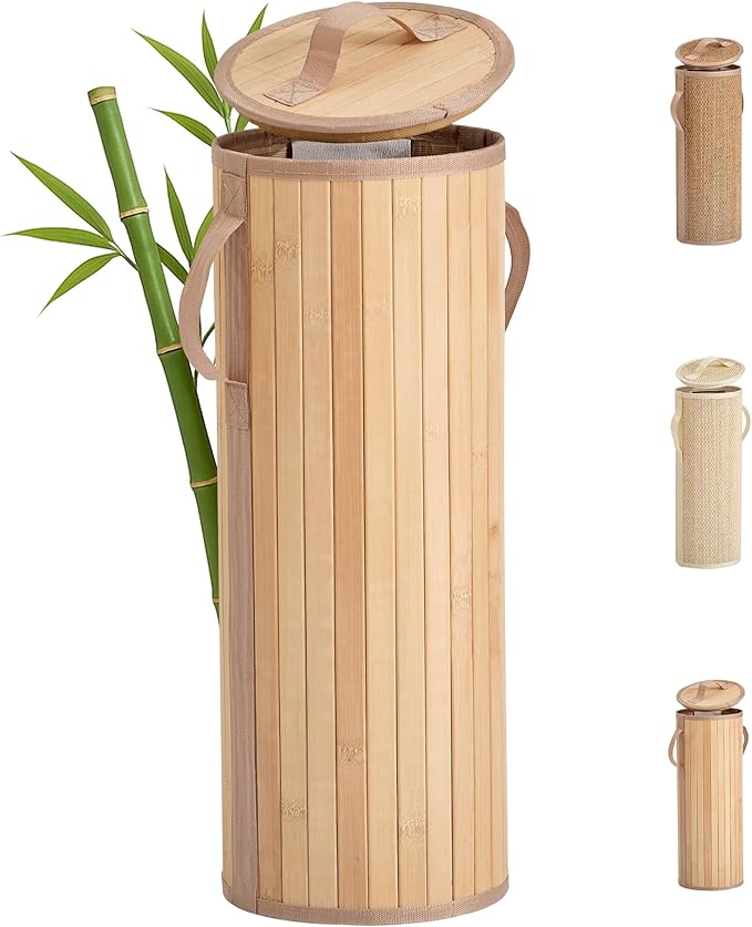 Bamboo Toilet Paper Storage Basket with Lid & Handle - 10L Handwoven Bathroom Organizer for 4 Rolls - Sturdy Stand Holder for Toilet Paper Organization, Natural
