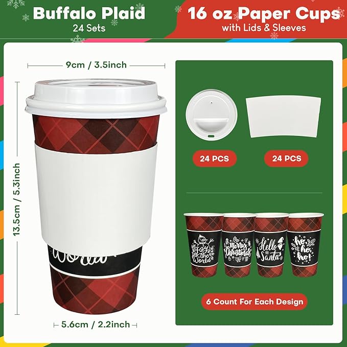 Disposable Coffee Cups with Lids for 24 Guests 16 oz, Christmas Buffalo Plaid Hot Cups for Coffee/Tea/Water/Juice, Xmas Premium Party Tableware Sets for Holiday, Winter, School, Family