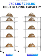 BestOffice 14"x30"x60" Storage Shelves Heavy Duty Shelving 5 Tier Layer Wire Shelving Unit with Wheels Metal Wire Shelf Standing Garage Shelves Storage Rack,Adjustable NSF Certified (Chrome)