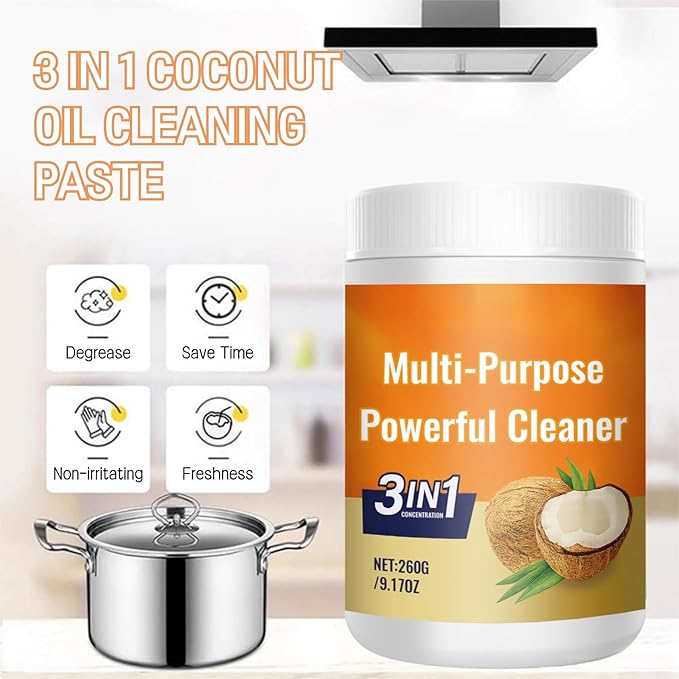 Multi-Purpose Powerful Cleaner, for Kitchen, 3 in 1 Coconut Oil Cleaning Paste, Multi-Purpose Stainless Coconut Oil Cleaning Paste for Oven & Stove Top