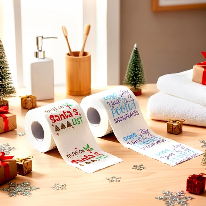 2 Rolls Christmas Toilet Paper Gifts Santa Claus Toilet Tissue with Packaging Bag and Bow Disposable Xmas Paper Towels Christmas Stocking Stuffers for Holiday Birthday Party Supply(Snowman)