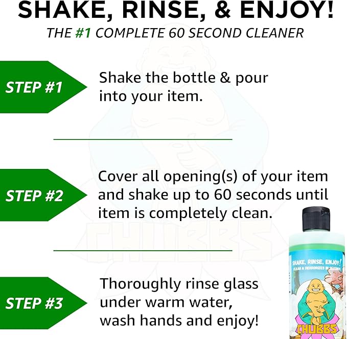 Chubbs Shake & Rinse Glass Cleaner - Cleans and Restores Within Minutes/Removes Hard-To-Reach Stains From Glassware | Perfect for Ceramic, Glass, Plastic, Silicone, & Metal (32 Fl Oz)