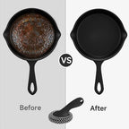 SUBEKYU Cast Iron Scrubber with Silicone Handle, Stainless Steel Skillet Cleaner for Cast Iron Pans (Black Scrubber + Scraper)