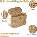 Toilet Paper Storage Basket,Water Hyacinth Wicker Basket with Lid and Handles for Bathroom Organizer and Storage,Toilet Paper Holder Stand with Storage,Papers Container for up to 6 Mega Rolls