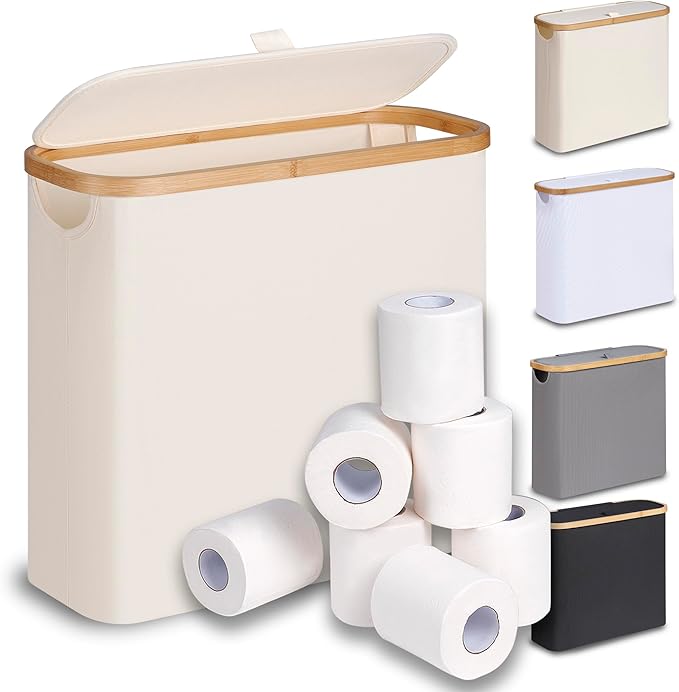 efluky Toilet Paper Basket 28L, Toilet Paper Holder with Lid for Bathroom, Free Standing Storage Organizer Holds Up to 9-12 Rolls (Beige, 1)