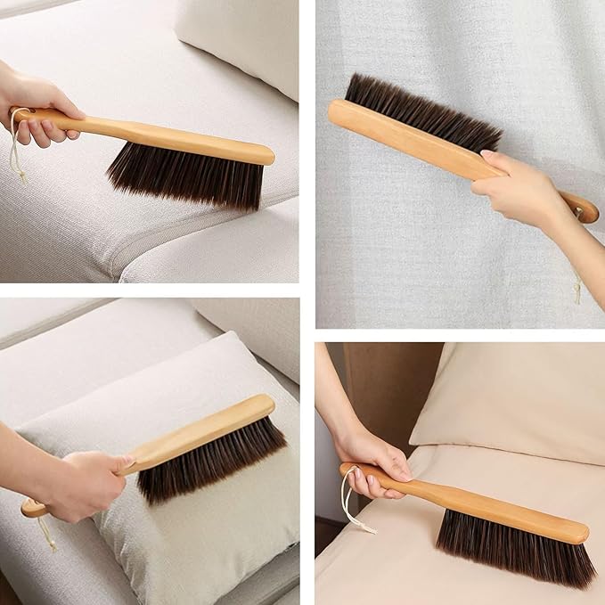 2 Pieces Dust Brush Hand Broom Wooden Bench Brushes with Soft Bristles Counter Brush with Long Wood Handle Household Cleaning Brush for Sofa Bed Fireplace Car