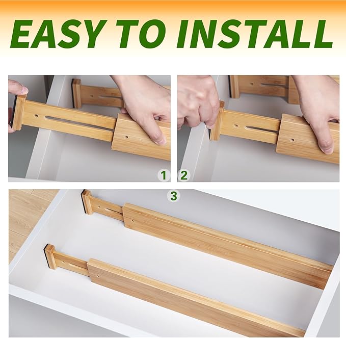 Aubeco Bamboo Drawer Organizers 4 Pack, 17-22" Adjustable Spring Loaded Dividers for Kitchen Utensils, Silverware, Clothes, Dresser, Bathroom and Office Storage
