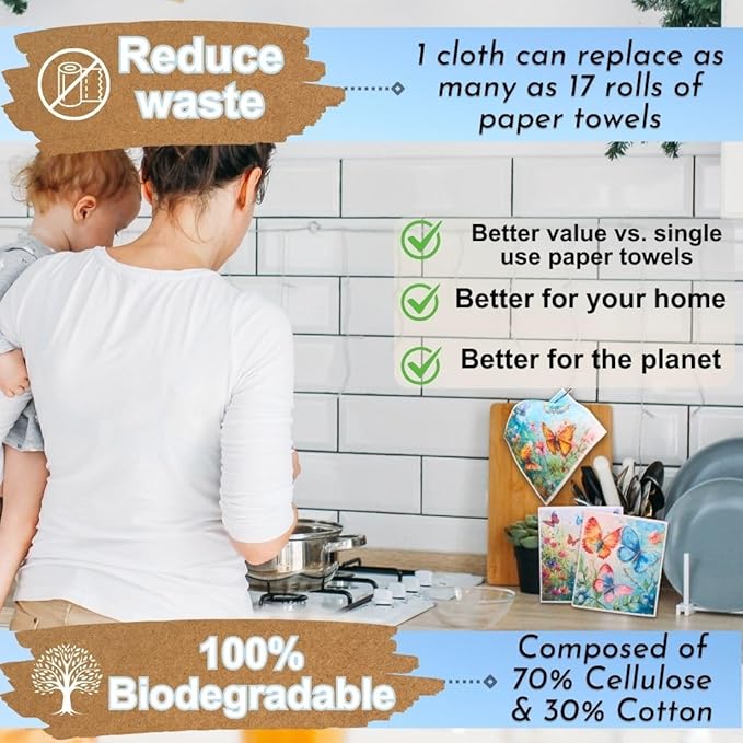 Swedish Dishcloths for Kitchen - Ecofriendly Reusable Paper Towels, Biodegradable Dish Cloths - Cellulose Sponge Dish Cloths for Washing Dishes - 8 Pack (Butterfly)