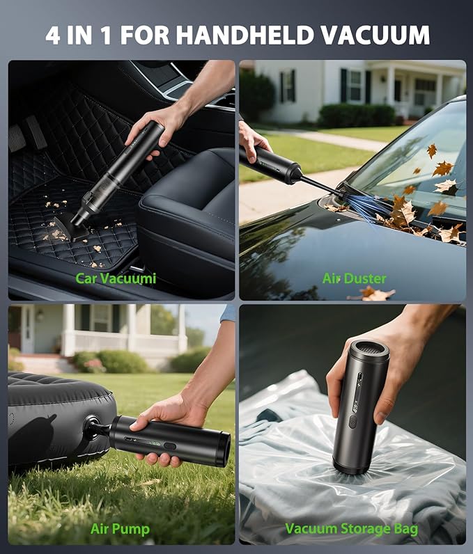 Car Vacuum Portable Cordless Handheld Vacuum Cleaner 4-in-1 Mini Cordless Vacuum with 2 Suction Modes and 16800pa Suction Power Blowing & Inflating 2 Modes Handheld Vacuum for Car, Desk, Keyboards