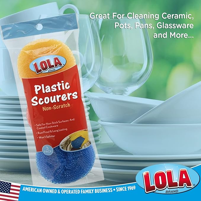 LOLA Plastic Mesh Scouring Pads - 18 Pack, 3.375" x 1.25", Non-Scratch Scrubbers to Clean Dishes, Assorted Colors - 1 Red, 1 Blue & 1 Yellow