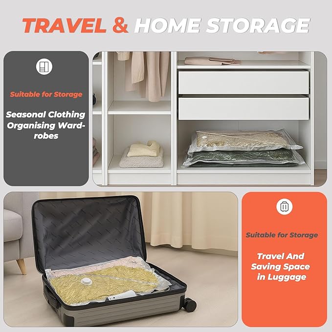 Vacbird Travel Vacuum Seal Bags, 8 Pack 34" Vacuum Storage Bags with Rechargeable Cordless Pump Compression Packing for Clothing Clothes Blanket Bedding, Space Saver for Suitcase Luggage