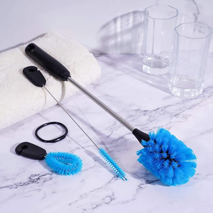 3-in-1 Stainless Steel Bottle Brush and Straw Cleaning Set, Long Handle Scrub Brush with Replaceable Head for Water Bottles, Glasswares, Mugs, Flasks, Tumblers, Vases, Round Head