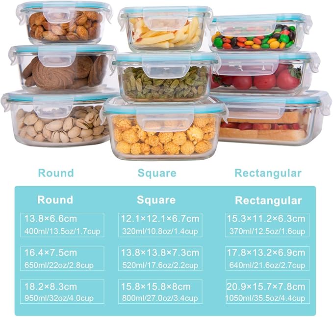 AILTEC Glass Food Storage Containers with Lids, [18 Piece] Glass Meal Prep Containers, Containers for Food Storage with Lids, BPA Free & Leak Proof (9 Lid & 9 Container)