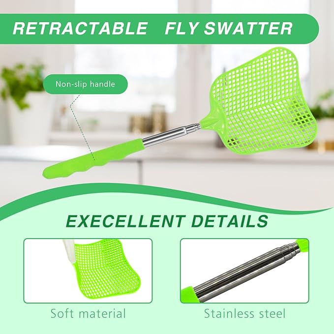 MYSTICHOME Fly Swatter 1 Pack, Durable Heavy Duty Plastic Fly Swatters, Stainless Steel Telescopic FlySwatter for Indoors/Outdoor/Kitchen/Garden (Green)