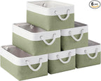 Storage Baskets for Shelves 13.8x9.8x6.7 Inch-Foldable Fabric Organizing Storage Bins with Handles, Closet & Bathroom Organizer, Home Storage for Kitchen, Office (6-Pack, White&Green )
