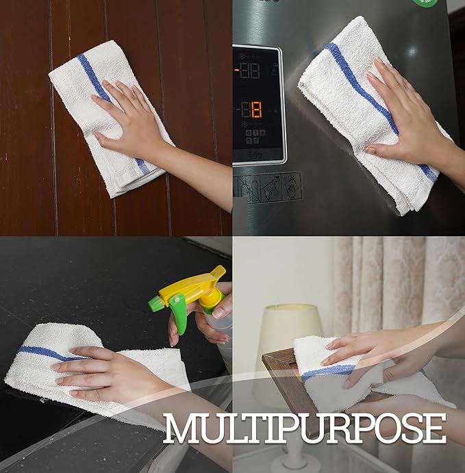 STF Linen Bar Mops Blue Stripe Pack of 60 Kitchen Towels 16x19 Multi-Purpose for Home, Restaurant and Cleaning White Absorbent Washcloth Dishcloths Sets, Reusable Dish, Cloths Rags
