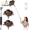 Extendable Ostrich Feather Duster with 19-49 inch Rotatable Stainless Steel Pole, Natural Feather Duster for Ceiling Fan Cobweb Dusting, Reusable Flexible Cleaning Duster(Include 2 Replacement Heads)