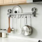 Wall Mounted Utensil Hook Rack with 8 Hooks, No Drill Installation, Space Gray Finish, Kitchen Organizer for Coats, Bags, and Accessories，Suction Cup Storage (2 Pack)