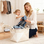 15L Laundry Baskets Waterproof Storage Baskets For Shelves Large Laundry Hamper With Leather Handle -set of 6 Cube Organizers Woven Bins for Bathroom,Bedroom,Pantry,Clothes,Car & Towels-Beige