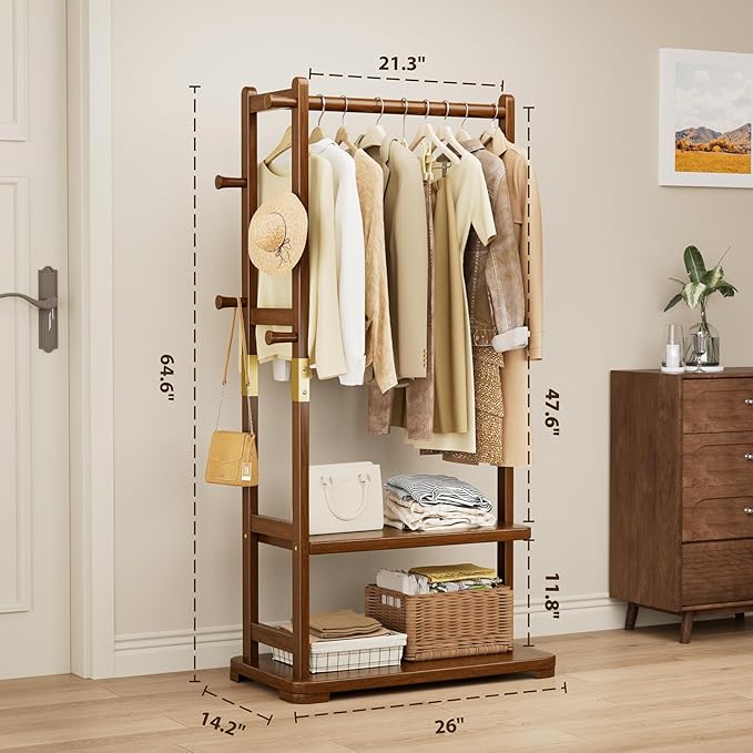 Taitiy Coat Rack Solid Wood Clothes Rack with 2 Shelves & 4 Hooks for Hanging Clothes Garment Wallets Hats, Clothing Rack Heavy Duty Coat Rack Freestanding with Storage Hall Tree for Hallway Bedroom