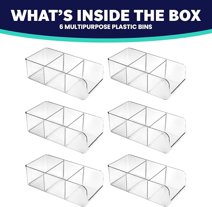 ELTOW 6-Pack Snack Organizer, 3-Compartment Plastic Bins with Removable Dividers, Chip & Food Storage for Pantry, Spices, Fridge, and Cabinet