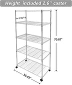 HealSmart Heavy Duty 5-Shelf Storage Shelves, 1750Lb Loading Capacity, 35.43" W x 17.72" D x 70.87" H Adjustable Shelving Unit with Wheels, Chrome
