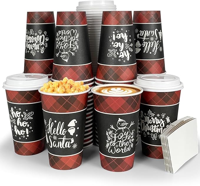 Disposable Coffee Cups with Lids for 48 Guests 16 oz, Christmas Buffalo Plaid Hot Cups for Coffee/Tea/Water/Juice, Xmas Premium Party Tableware Sets for Holiday, Winter, School, Family