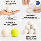 WoollyPals Dryer Balls (6-Pack, XL Size) - 100% New Zealand Wool - No More Dryer Sheets - Eco Dryer Balls - Reusable - Softens Laundry - Reduces Drying Time & Static - with Storage Bag (Plain White)
