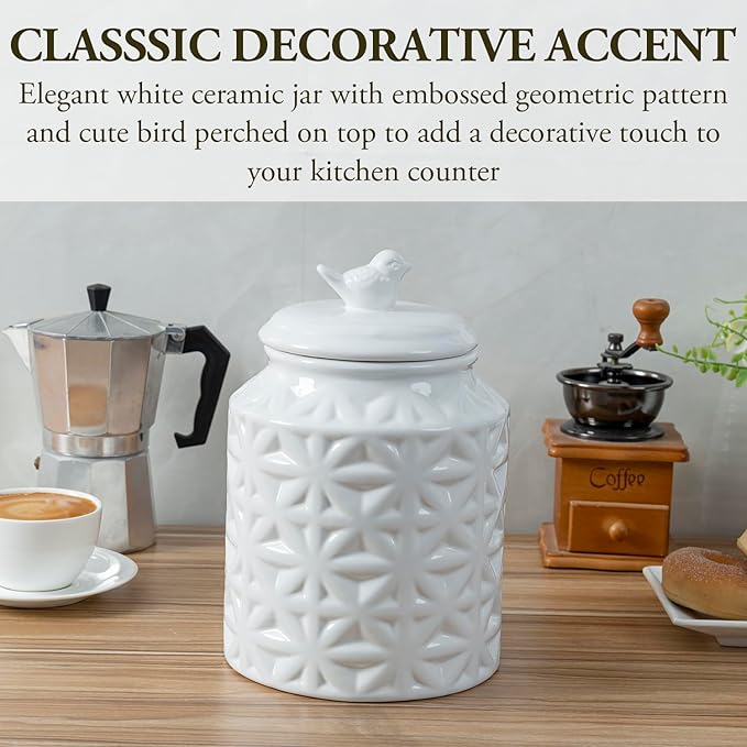 MyGift 6 Inch Round White Ceramic Cookie Jar with Airtight Lid and Bird Shape Top Handle, Vintage Style Kitchen Canister with Embossed Geometric Star Pattern