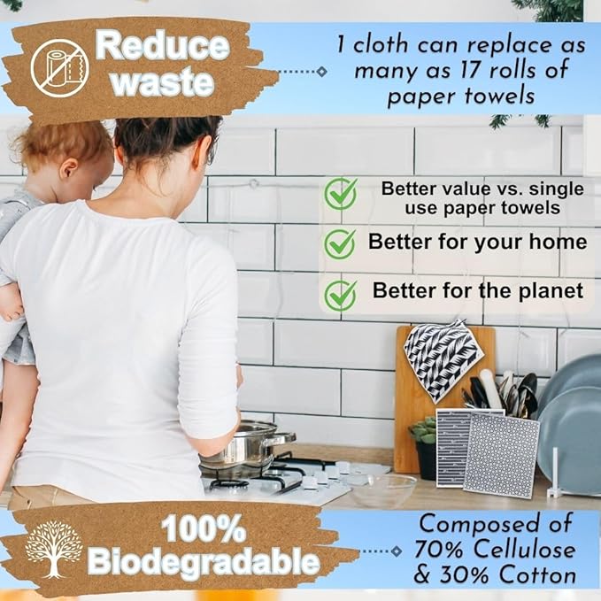 Swedish Dishcloths for Kitchen - Ecofriendly Reusable Paper Towels, Biodegradable Dish Cloths - Cellulose Sponge Dish Cloths for Washing Dishes - 8 Pack (Black & White)