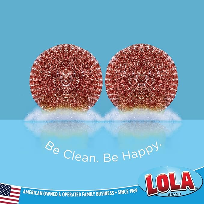 Copper Mesh Scouring Pad by LOLA, 2 Pack, 45 Grams, 4" Heavy Duty Cleaning Pads, Copper Coated Knitted Wire Mesh, Recyclable, Cleans Baked On Messes