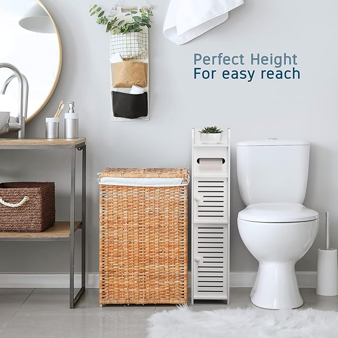 StorageBud Bathroom Storage Organizer - Floor Standing with Shelves - Includes 2 Apothecary Jars - Tall Bathroom Storage Cabinet for Toilet Paper, Towel & Other Bathroom Storage Accessories - White
